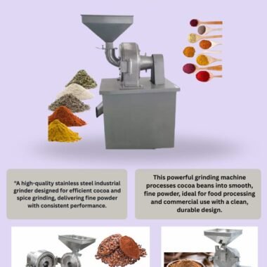 This industrial grinding machine is designed for efficient and high-quality grinding of cocoa beans, spices, herbs, and other dry food materials. Made from durable stainless steel, it ensures hygienic processing, long service life, and stable performance for commercial and industrial use.
